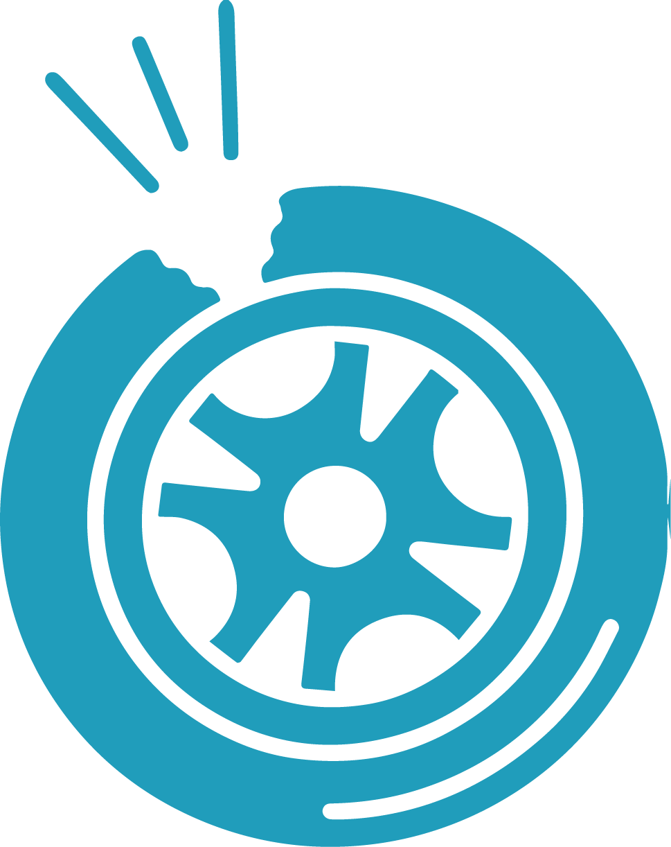 a blue car tire with a broken tire