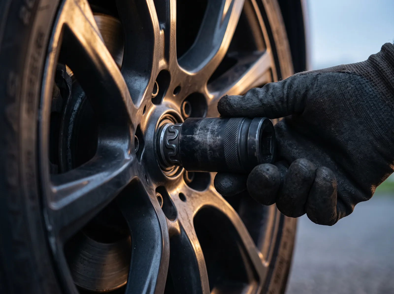 Locking wheel nut removal socket being fitted to an alloy wheel