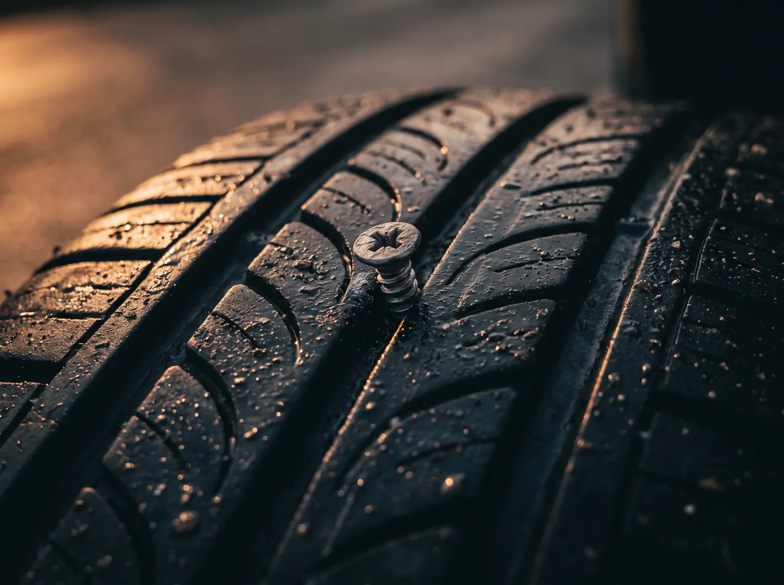 Screw stuck in the tread of a car tyre