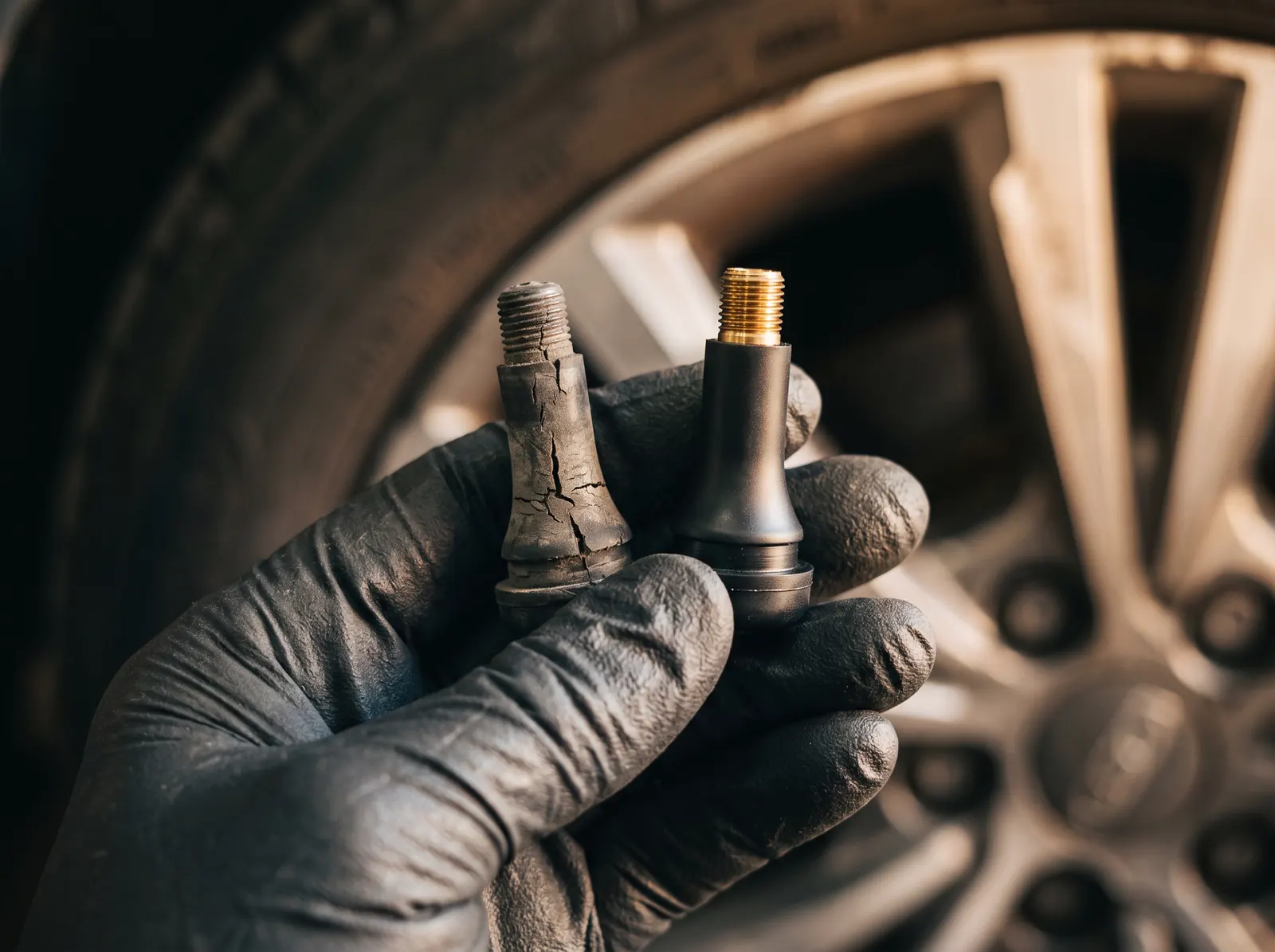 New and old tyre valves held next to an alloy wheel