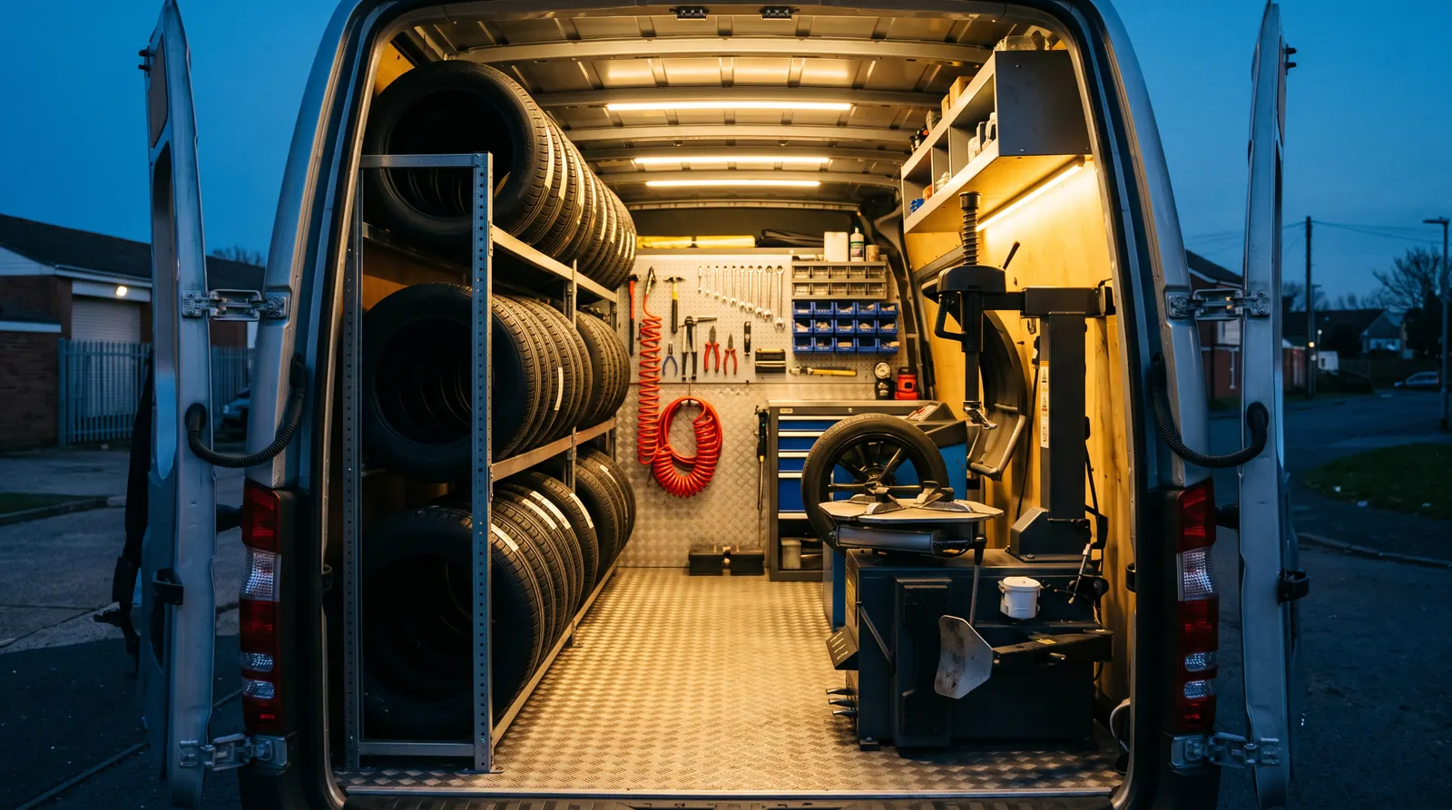 Inside a mobile tyre fitting van with tyres, tyre changer and wheel balancer